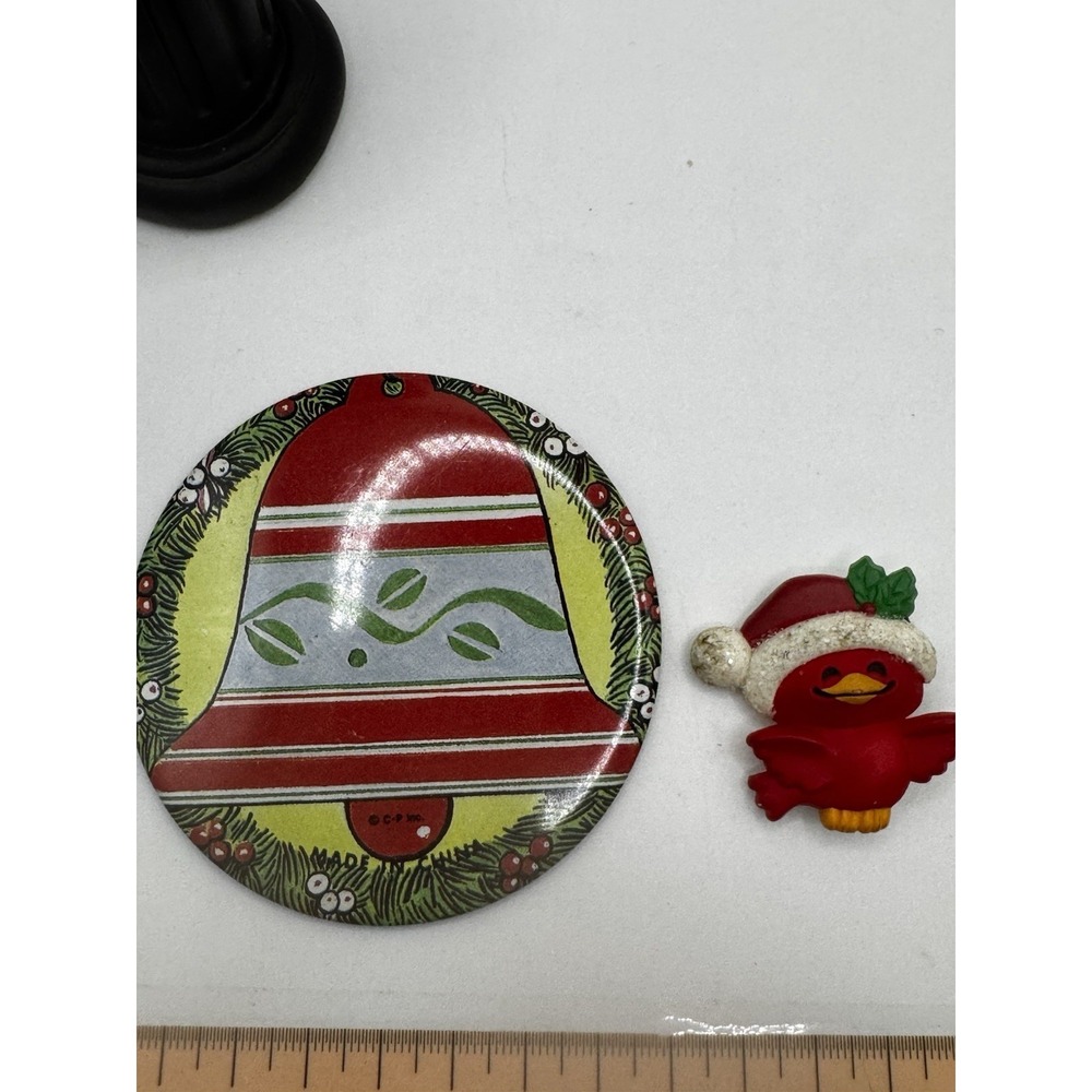 Vintage Halmark Christmas Cardinal Brooch & Christmas Bell Button